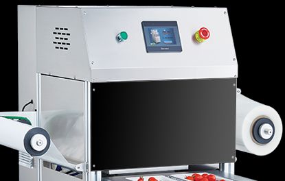 Automatic Vertical Tray Sealer DQ305L-E with Food Grade Stainless Steel and 6061 Anodized Aluminum Mold for Modified Atmosphere Packaging